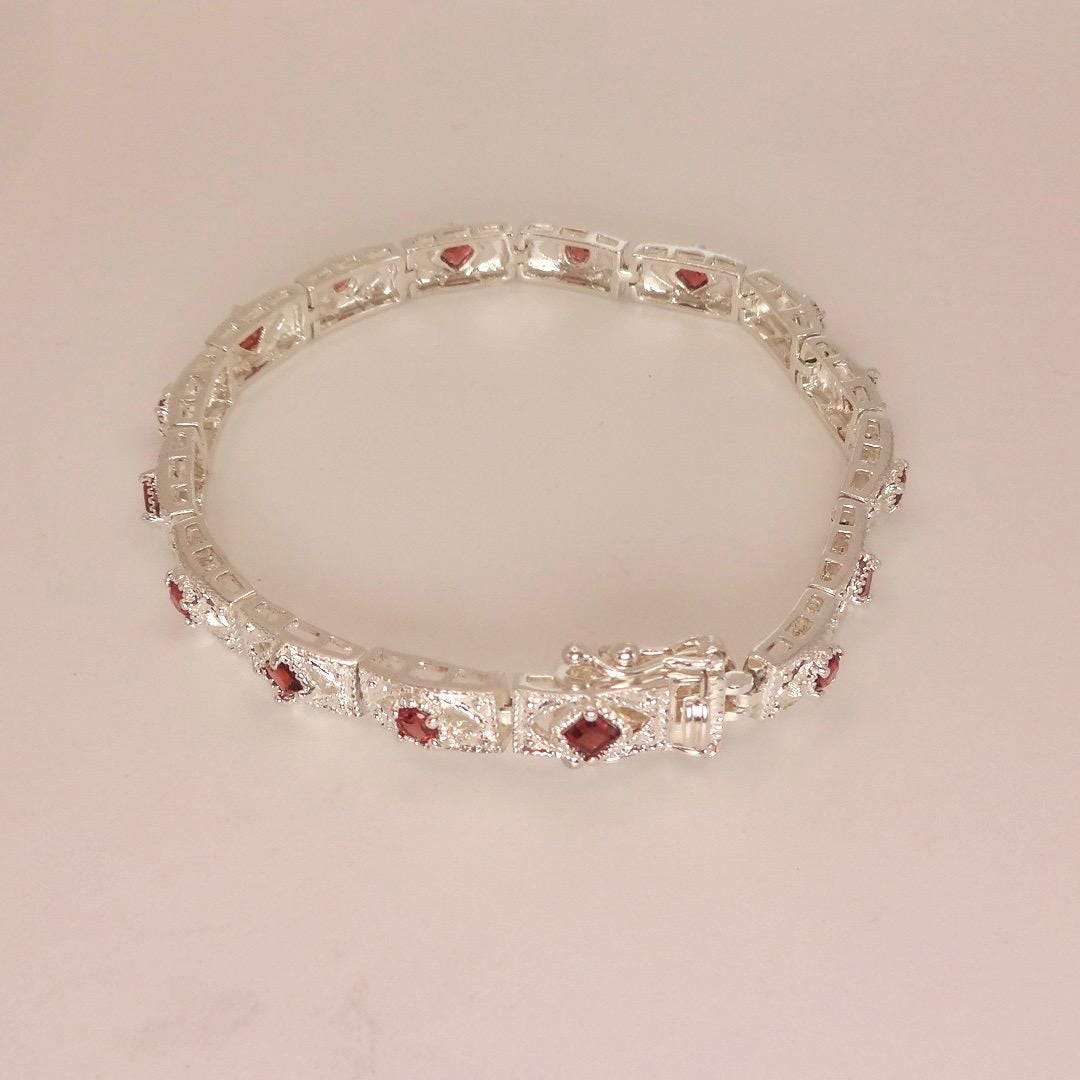 Vintage Red Garnet Bracelet Sterling Silver Deco Tennis