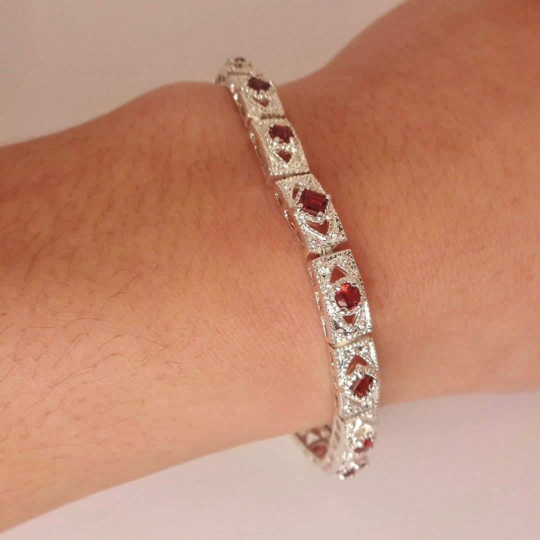 Vintage Red Garnet Bracelet Sterling Silver Deco Tennis