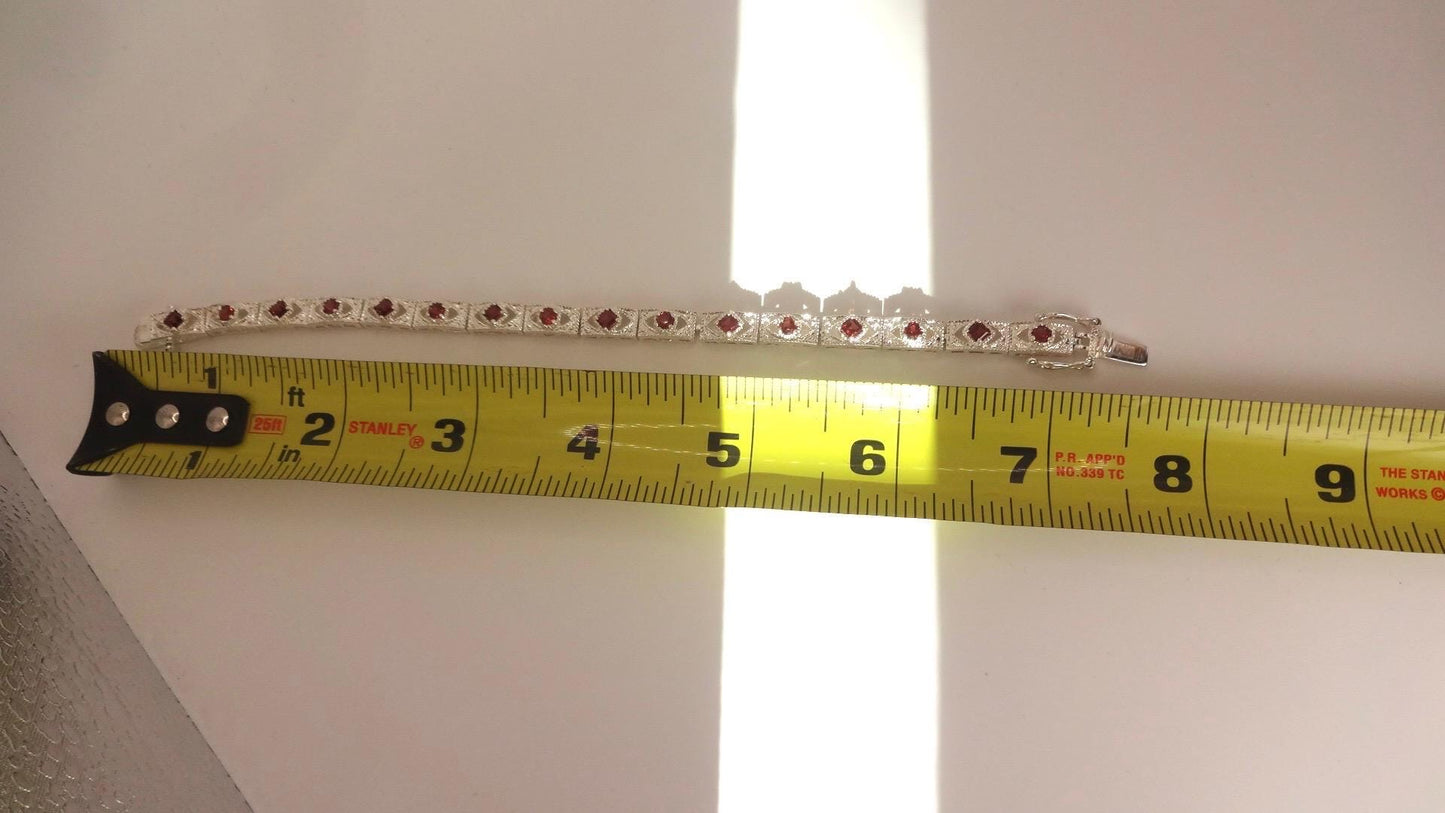 Vintage Red Garnet Bracelet Sterling Silver Deco Tennis