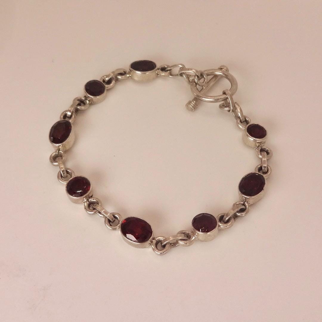 Vintage Bohemian Red Garnet Bracelet 925 Sterling Silver Toggle