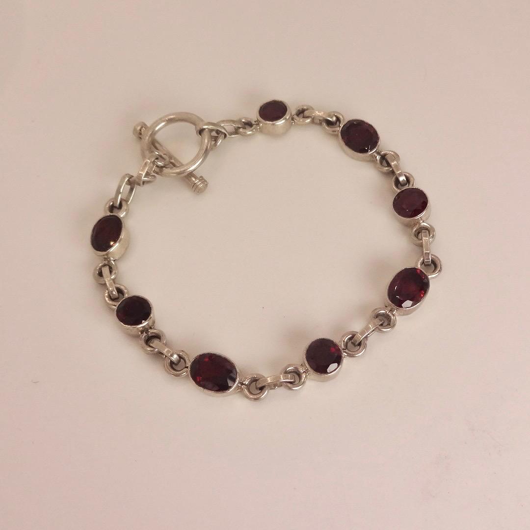 Vintage Bohemian Red Garnet Bracelet 925 Sterling Silver Toggle