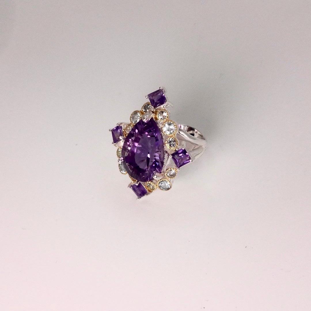 Vintage Purple Amethyst Aquamarine 925 Sterling Silver Huge Chunky Statement Ring