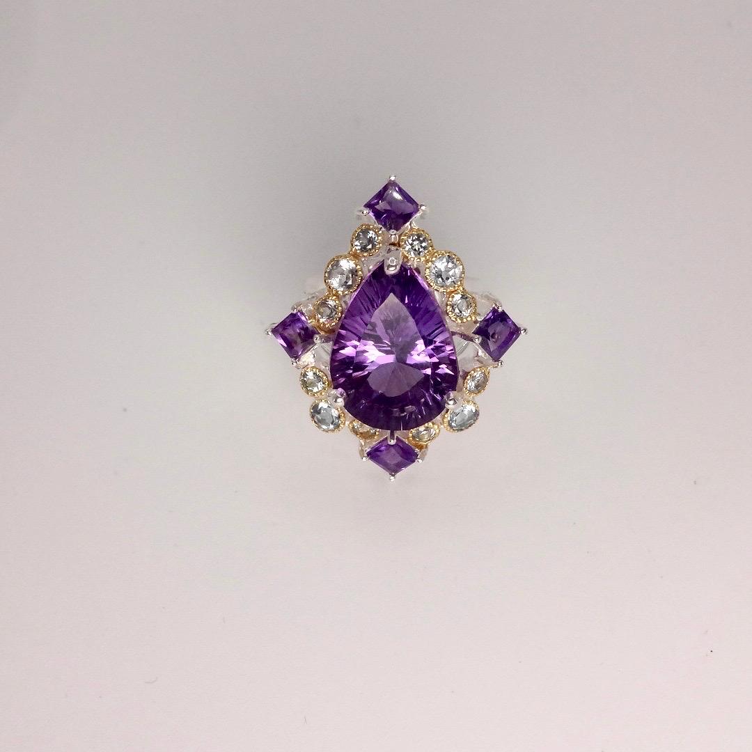 Vintage Purple Amethyst Aquamarine 925 Sterling Silver Huge Chunky Statement Ring