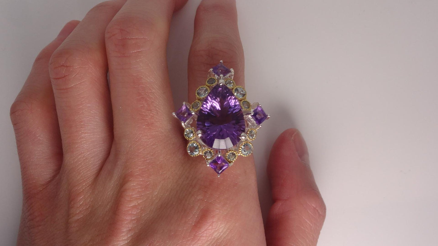 Vintage Purple Amethyst Aquamarine 925 Sterling Silver Huge Chunky Statement Ring