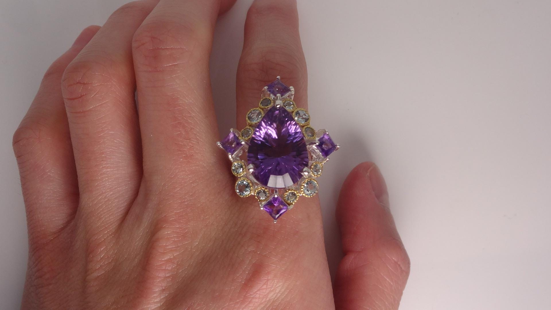 Vintage Purple Amethyst Aquamarine 925 Sterling Silver Huge Chunky Statement Ring