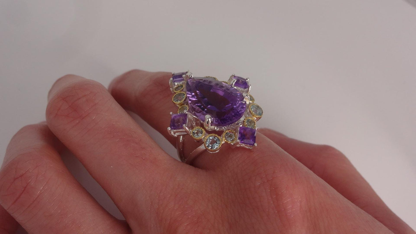 Vintage Purple Amethyst Aquamarine 925 Sterling Silver Huge Chunky Statement Ring