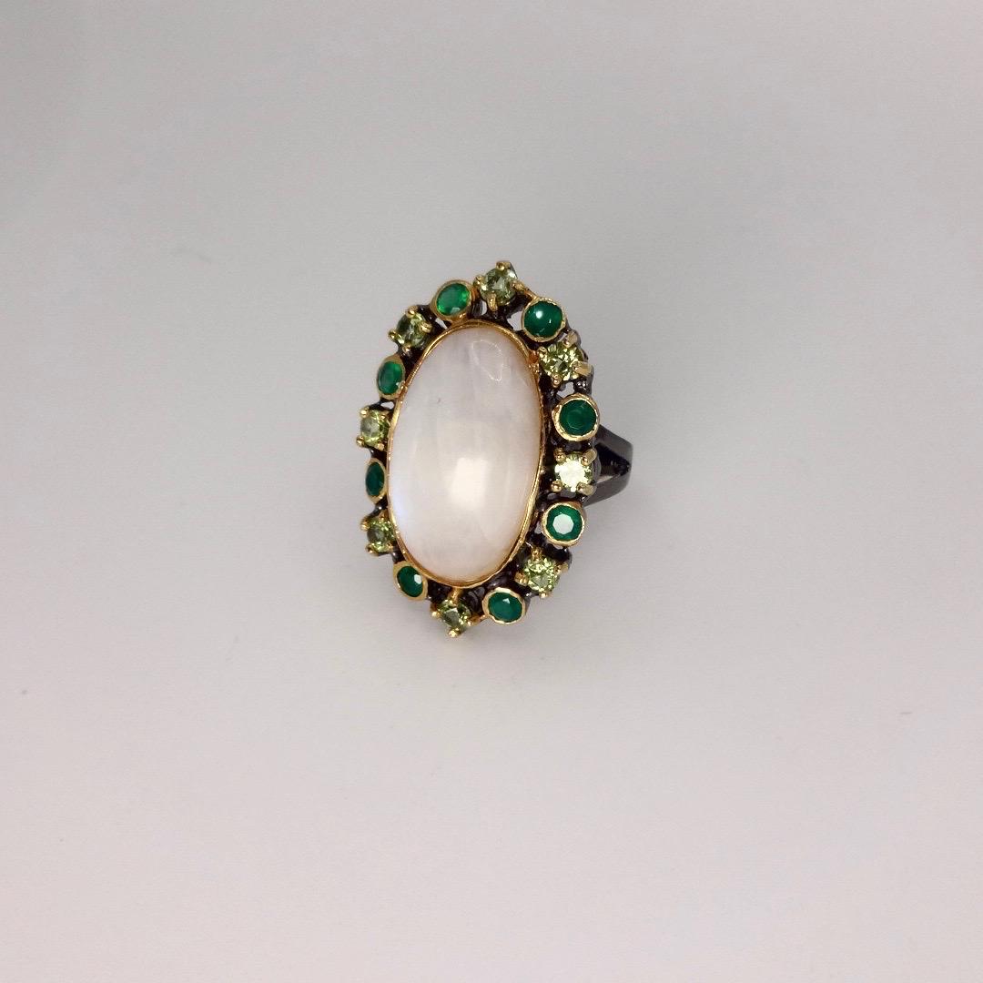 Vintage Rainbow Moonstone Green Peridot Chrome Diopside 925 Sterling Silver Statement Ring