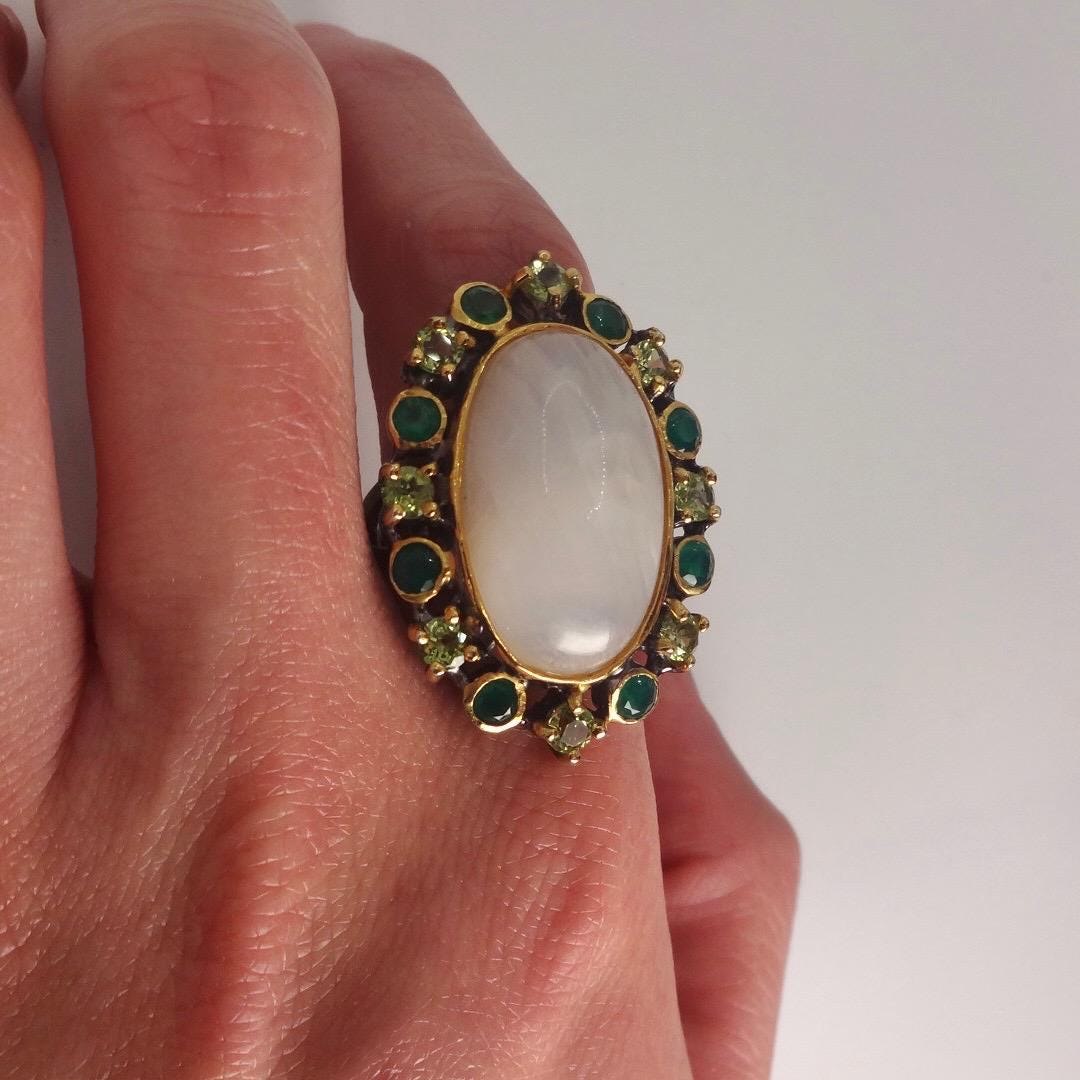 Vintage Rainbow Moonstone Green Peridot Chrome Diopside 925 Sterling Silver Statement Ring