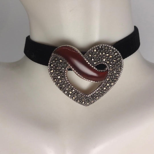 Vintage Heart Pin Marcasite 925 Sterling Silver Red Carnelian Valentine Brooch