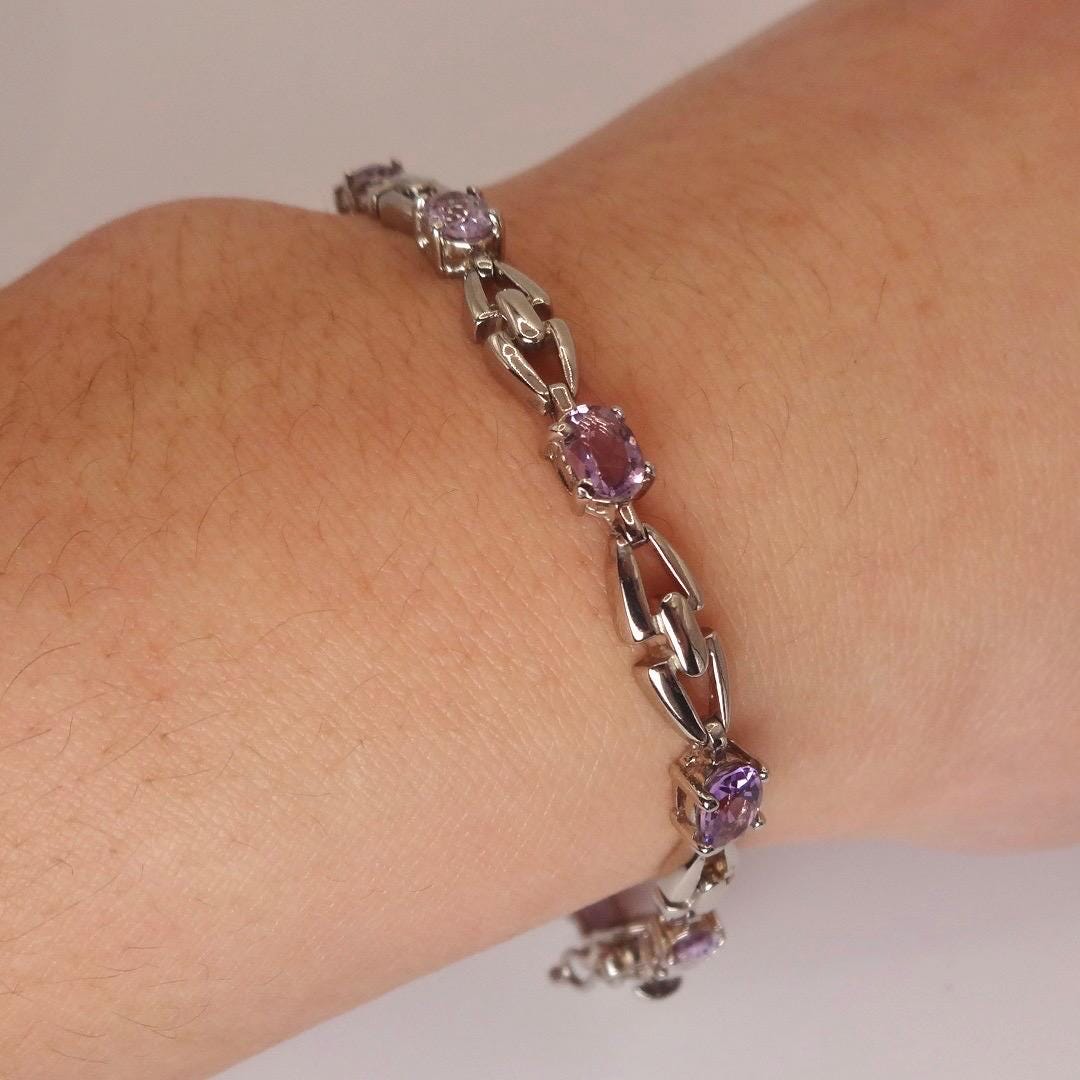 Vintage Amethyst Bracelet 925 Sterling Silver Purple Deco