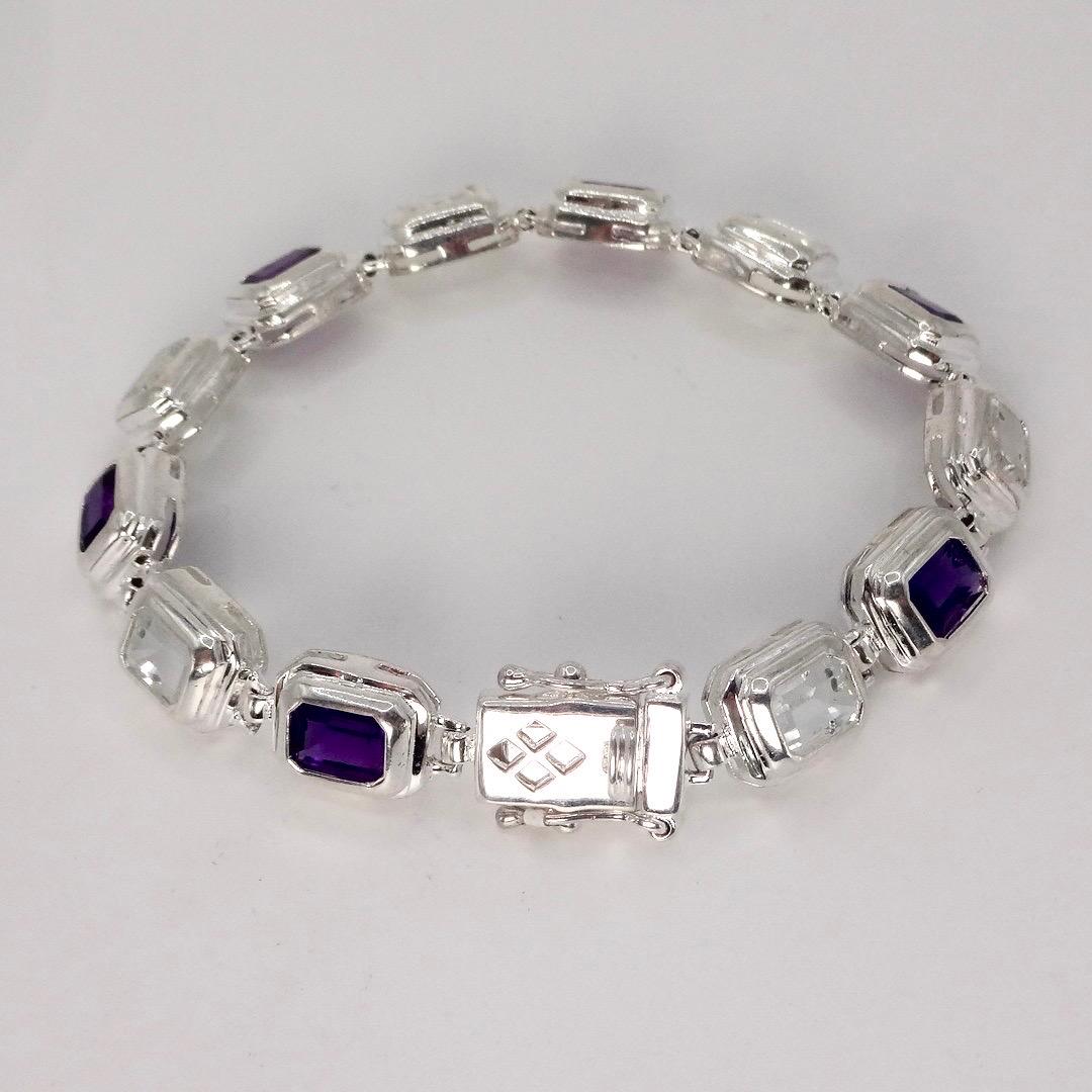 Handmade Genuine Purple Amethyst and white sapphire 925 Sterling Silver Tennis Bracelet