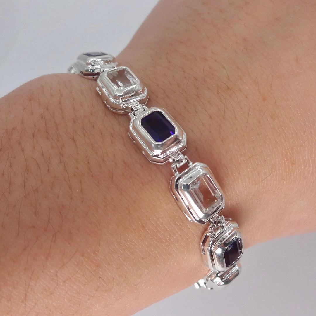 Handmade Genuine Purple Amethyst and white sapphire 925 Sterling Silver Tennis Bracelet