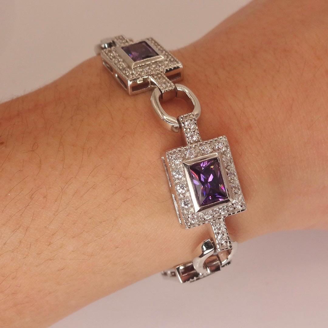 Vintage Purple Amethyst Deco Bracelet 925 Sterling Silver