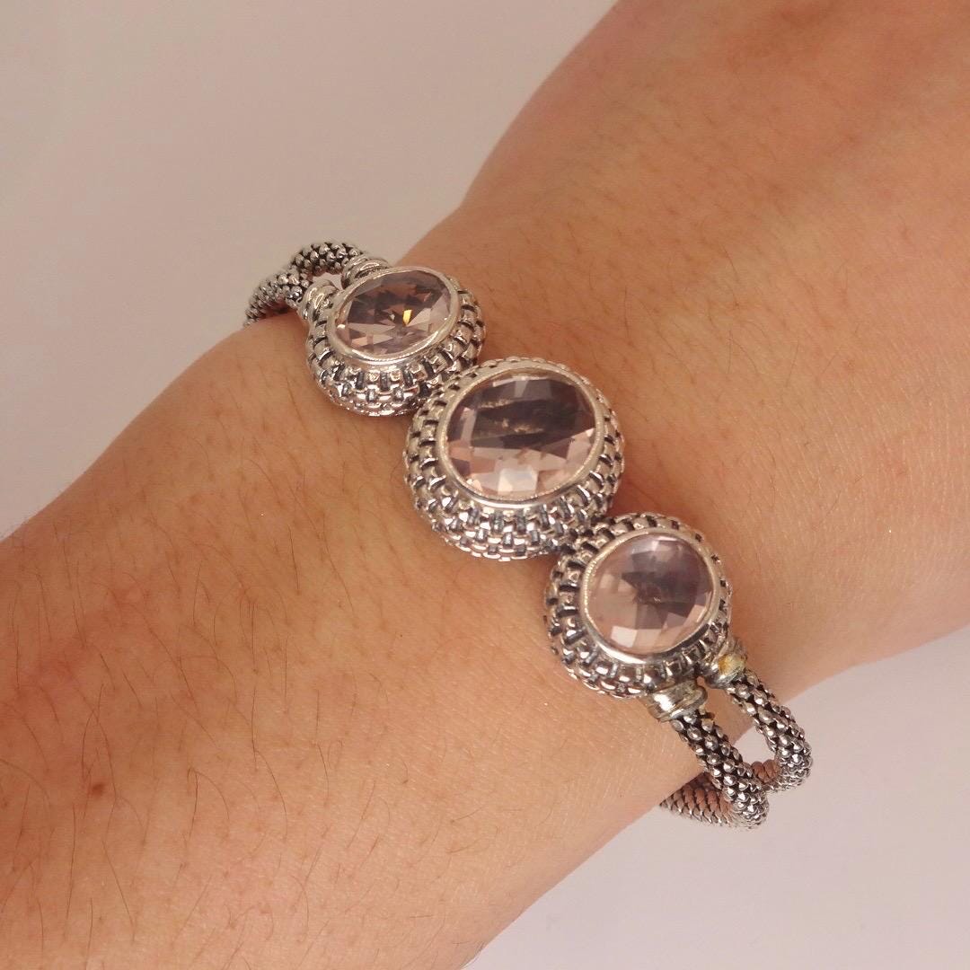 Vintage Pink Rose Quartz 925 Sterling Silver Toggle Bracelet