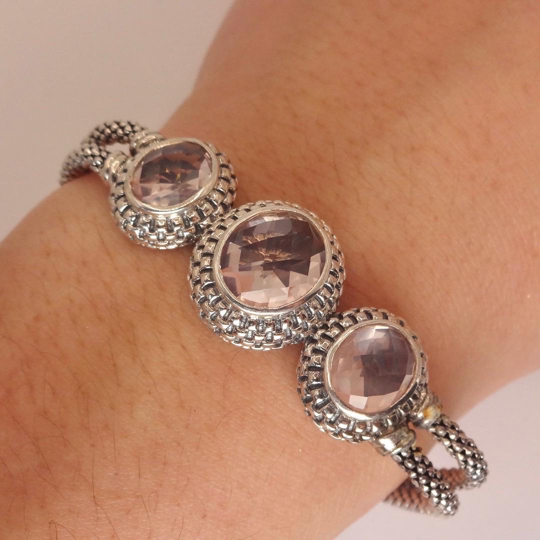 Vintage Pink Rose Quartz 925 Sterling Silver Toggle Bracelet