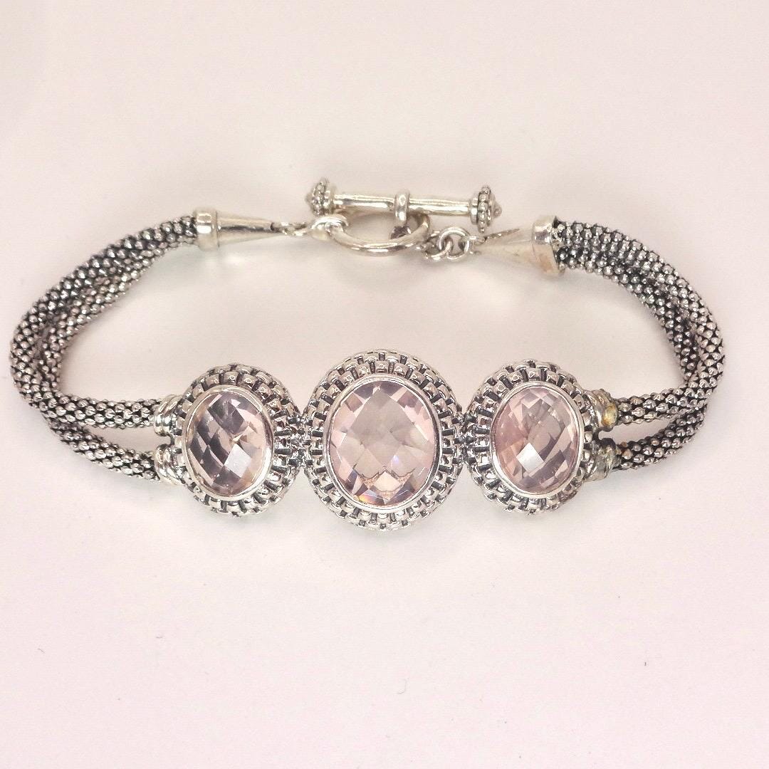 Vintage Pink Rose Quartz 925 Sterling Silver Toggle Bracelet