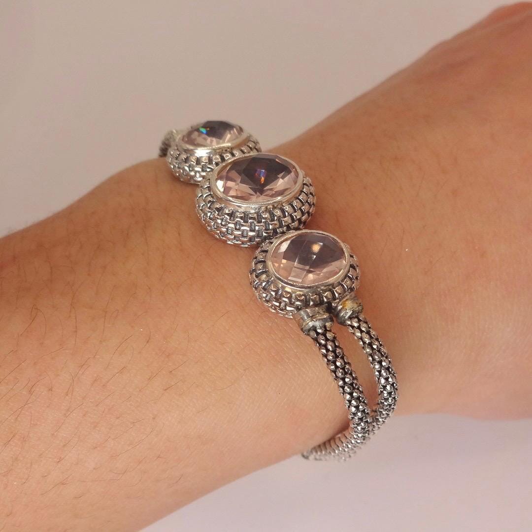 Vintage Pink Rose Quartz 925 Sterling Silver Toggle Bracelet