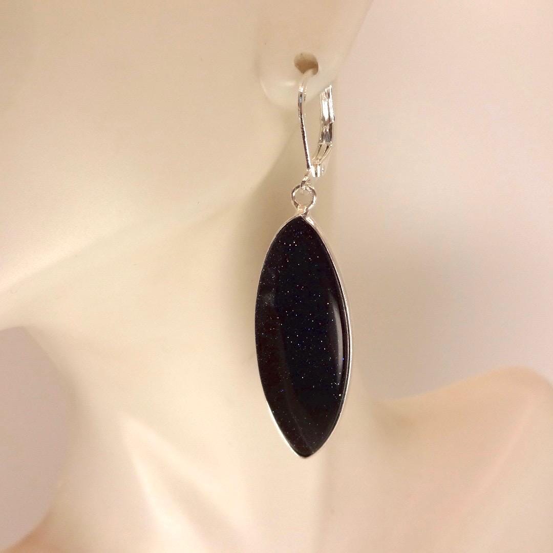 Antique Vintage Black Goldstone Silver Dangle Earrings