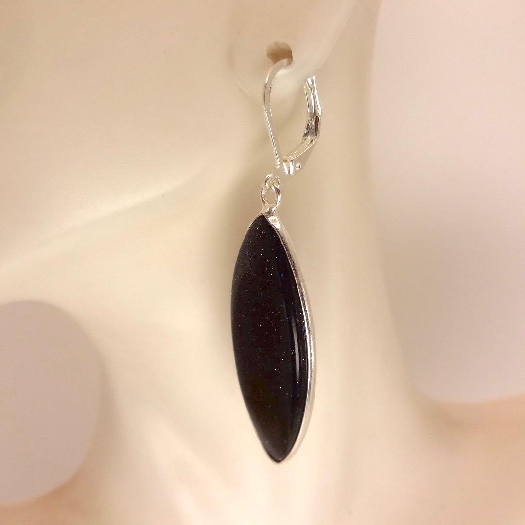 Antique Vintage Black Goldstone Silver Dangle Earrings