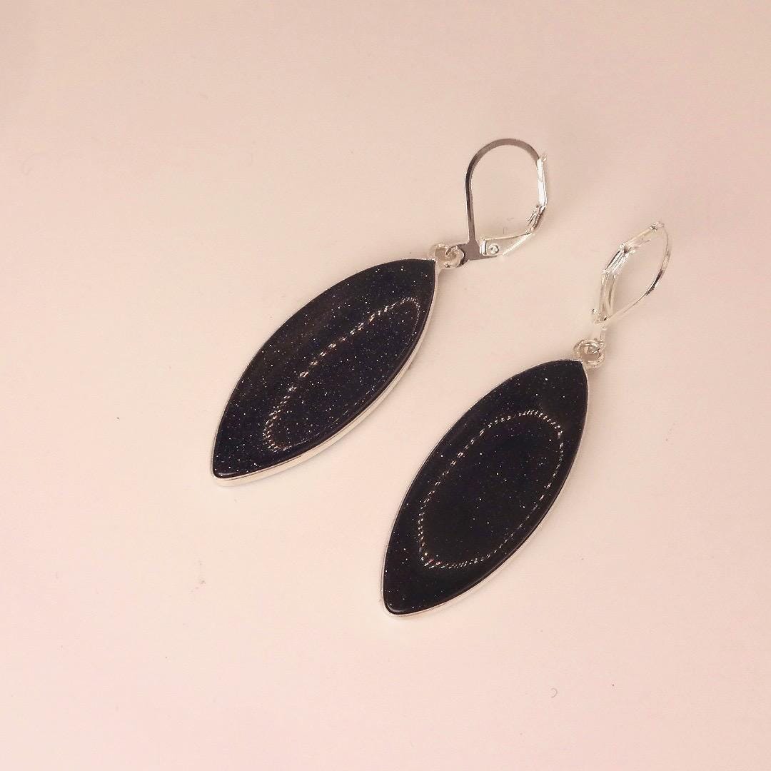 Antique Vintage Black Goldstone Silver Dangle Earrings