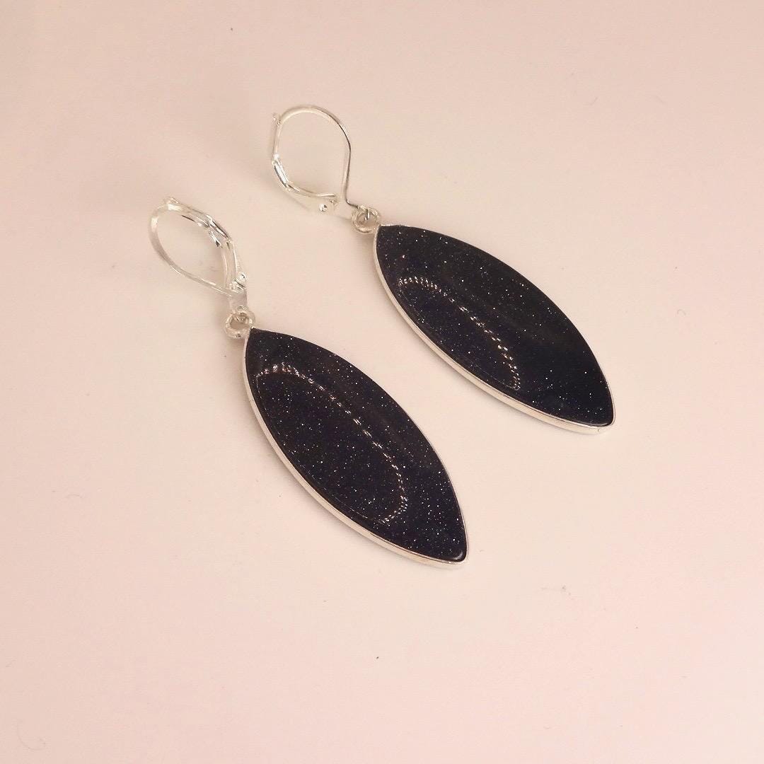 Antique Vintage Black Goldstone Silver Dangle Earrings