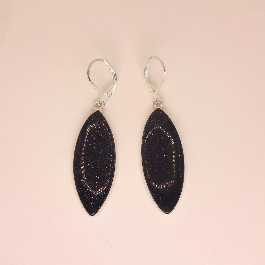 Antique Vintage Black Goldstone Silver Dangle Earrings
