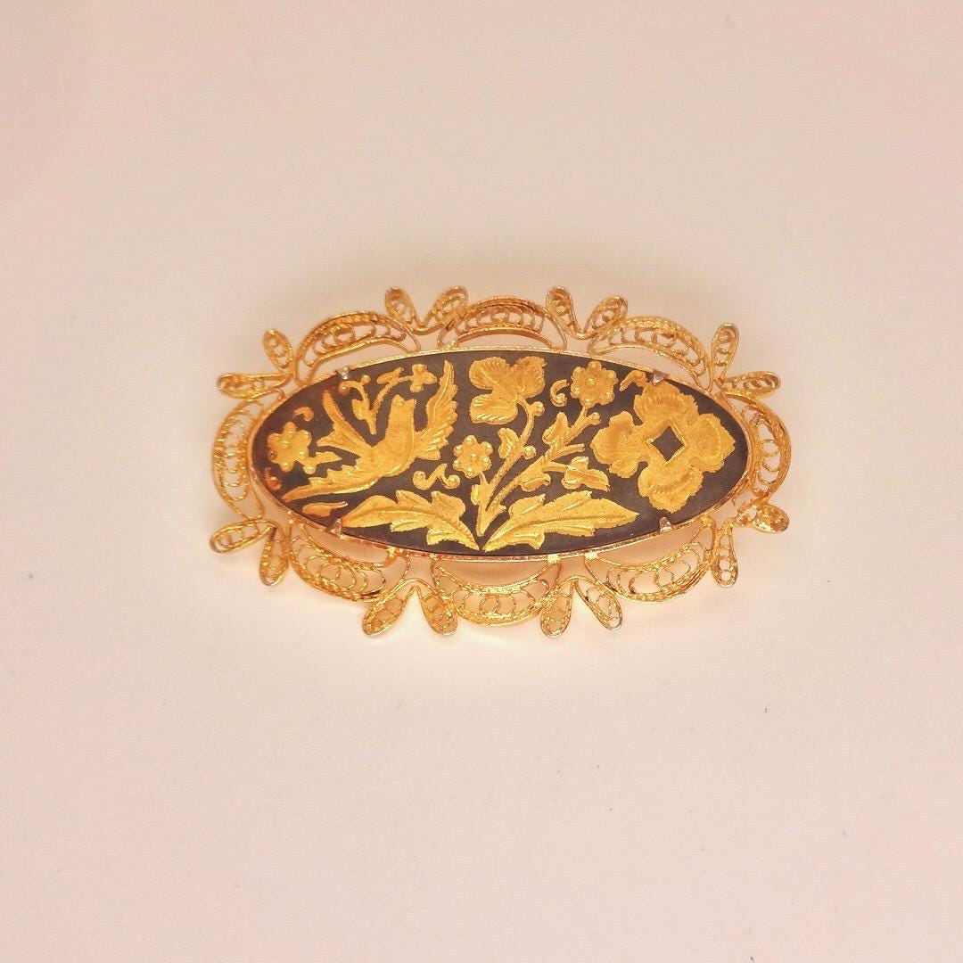 Vintage Gold Damascine Choker, Gold Filled Pendant Brooch
