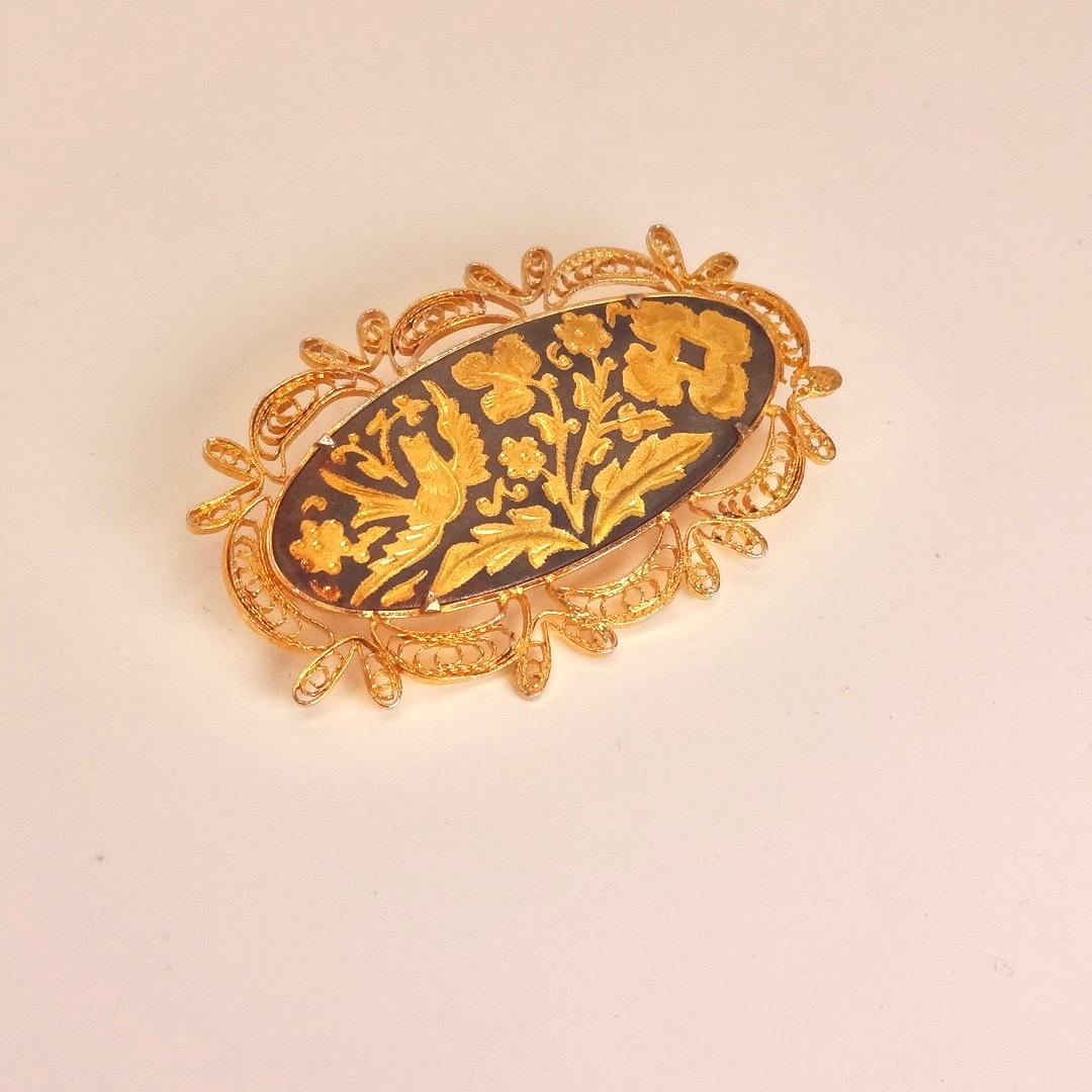 Vintage Gold Damascine Choker, Gold Filled Pendant Brooch