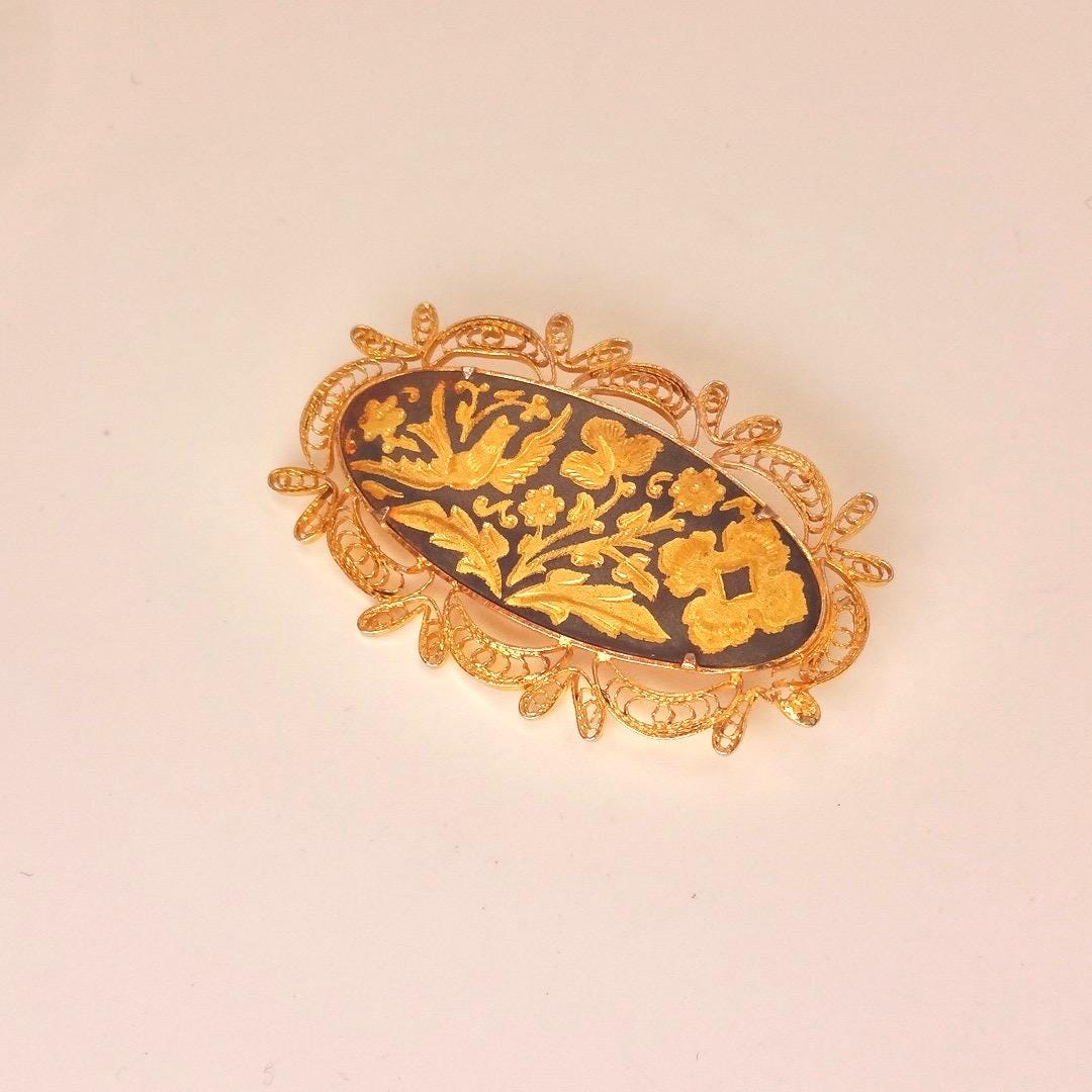 Vintage Gold Damascine Choker, Gold Filled Pendant Brooch