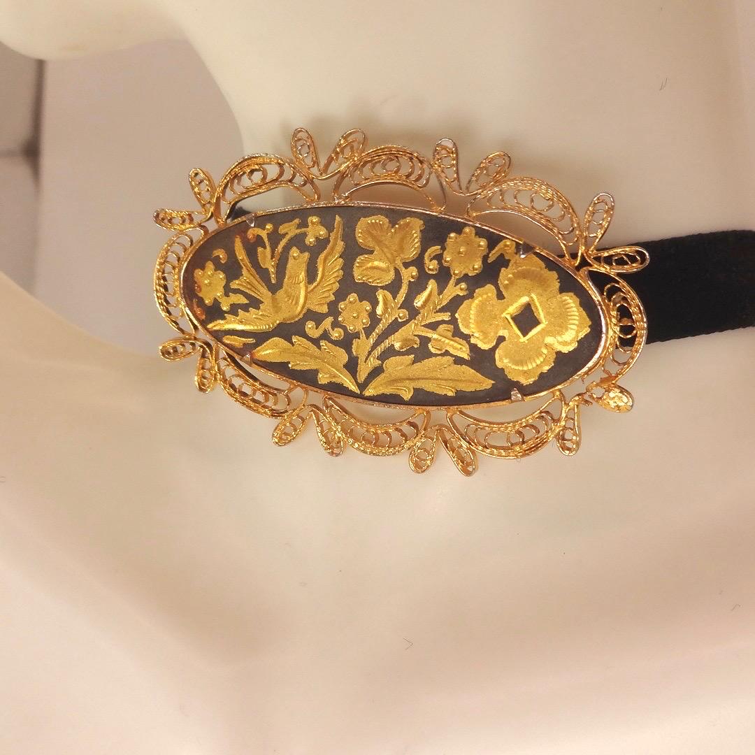 Vintage Gold Damascine Choker, Gold Filled Pendant Brooch