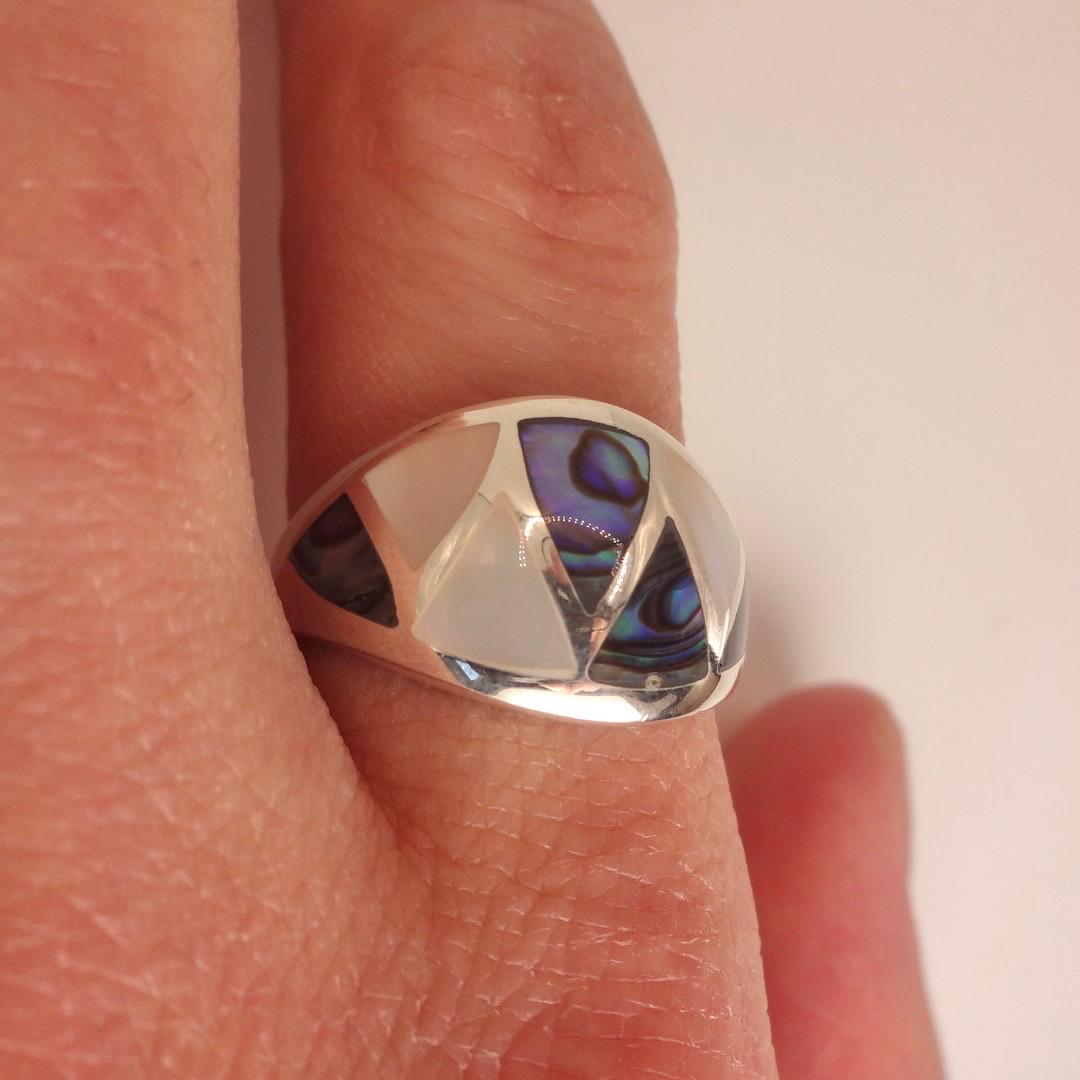 Vintage Deco Abalone Mother of Pearl Ring 925 Sterling Silver