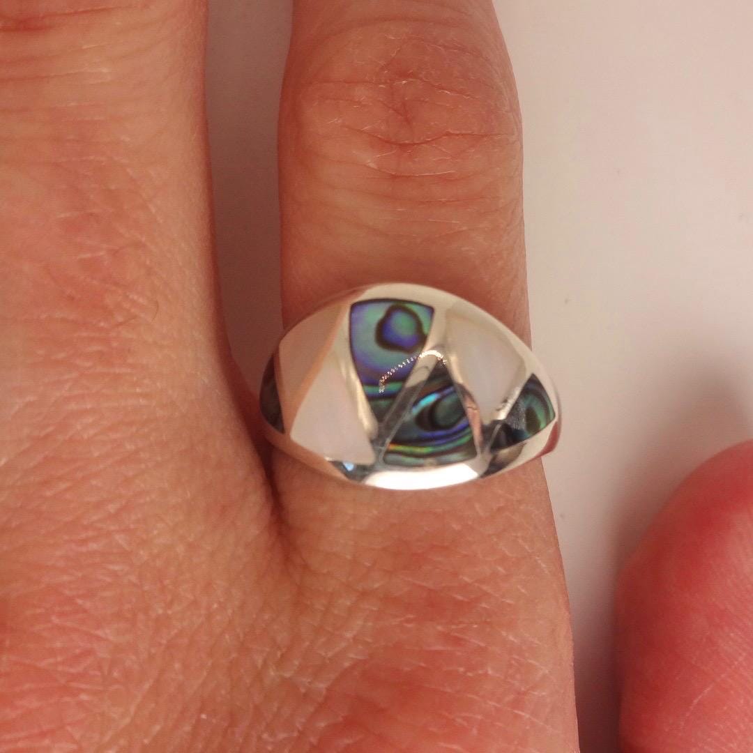 Vintage Deco Abalone Mother of Pearl Ring 925 Sterling Silver