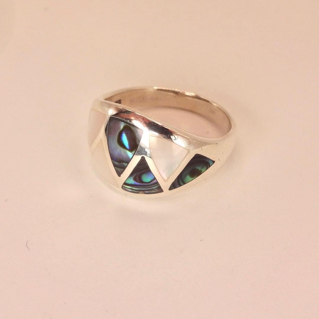 Vintage Deco Abalone Mother of Pearl Ring 925 Sterling Silver