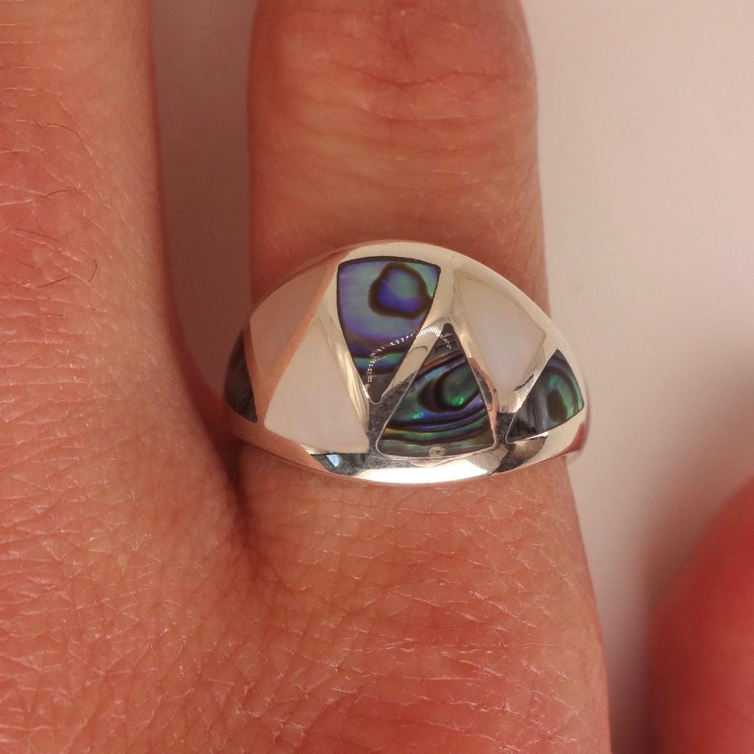 Vintage Deco Abalone Mother of Pearl Ring 925 Sterling Silver