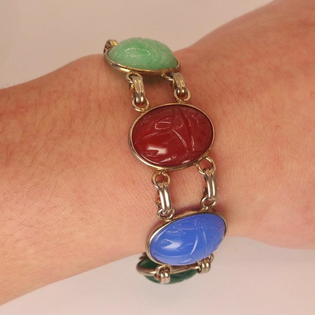 Vintage Scarab Bracelet Gold filled Carved Gemstones