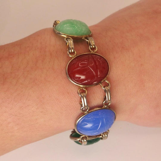 Vintage Scarab Bracelet Gold filled Carved Gemstones