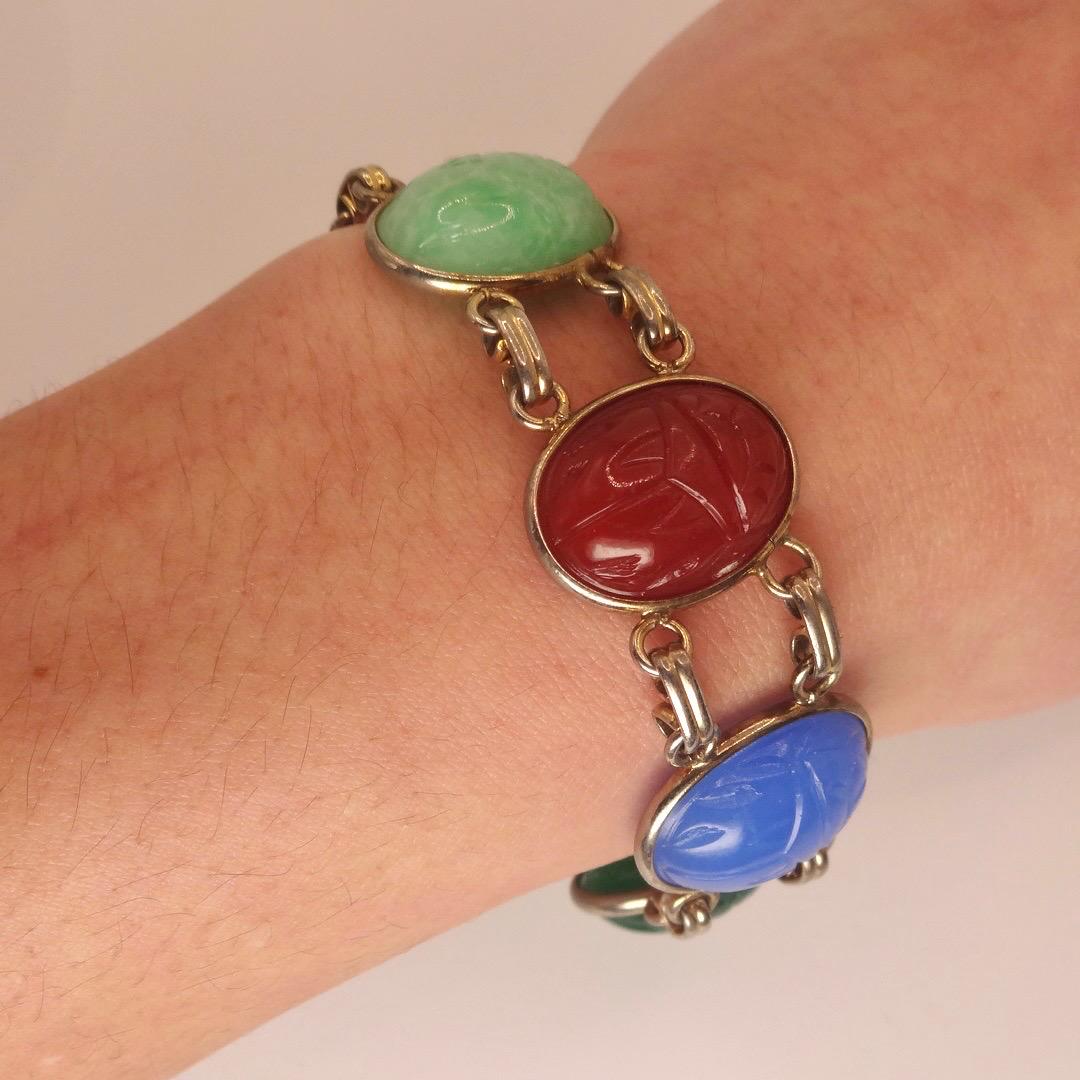 Vintage Scarab Bracelet Gold filled Carved Gemstones