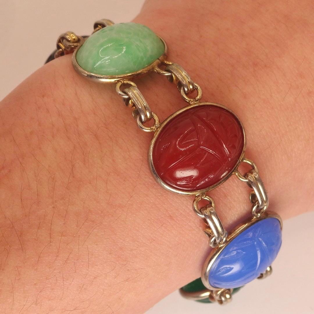 Vintage Scarab Bracelet Gold filled Carved Gemstones