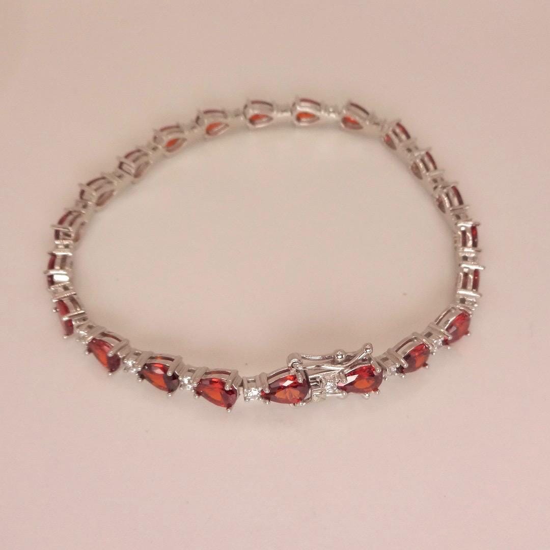 Vintage Bohemian Red Garnet and Cubic Zirconia Bracelet 925 Sterling Silver