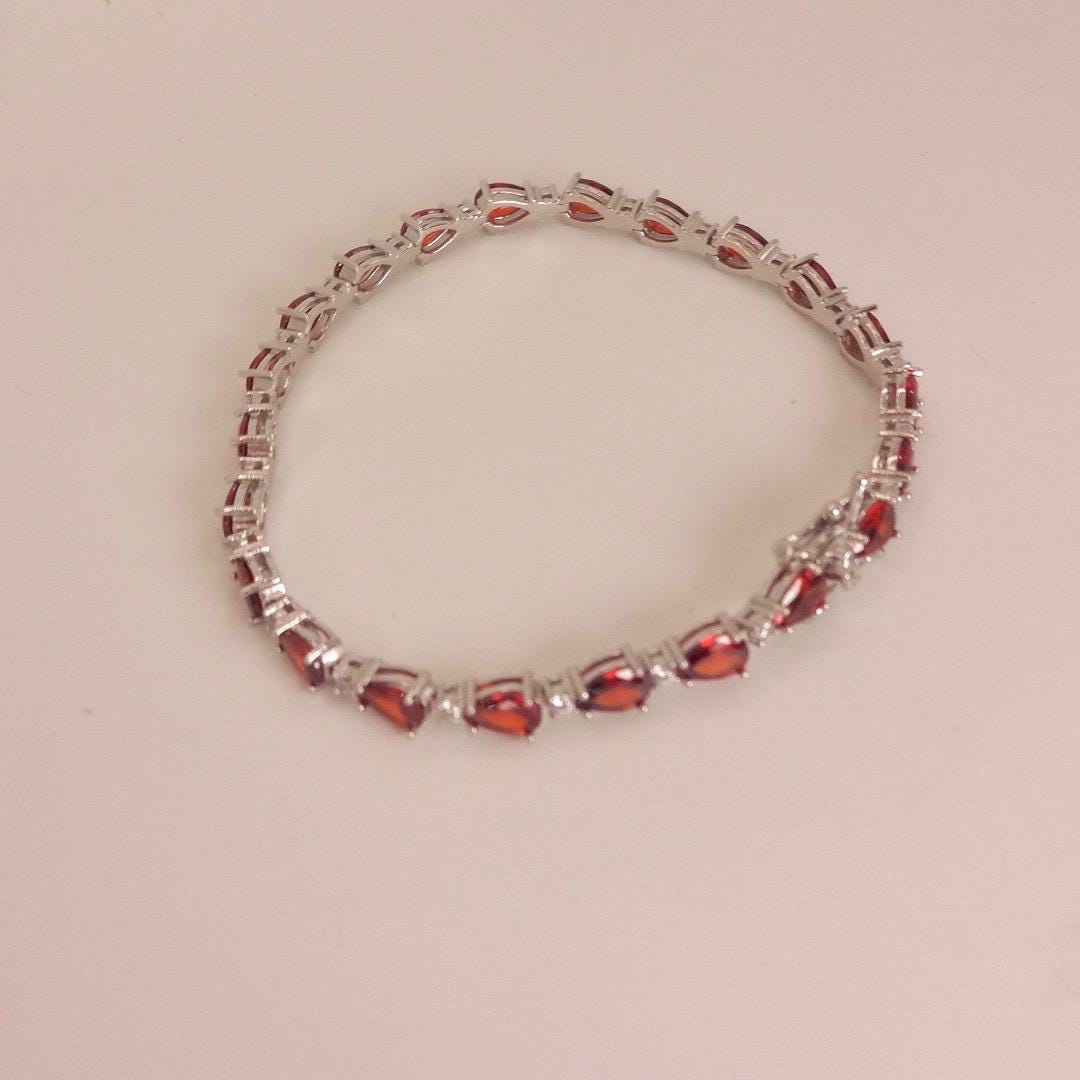 Vintage Bohemian Red Garnet and Cubic Zirconia Bracelet 925 Sterling Silver