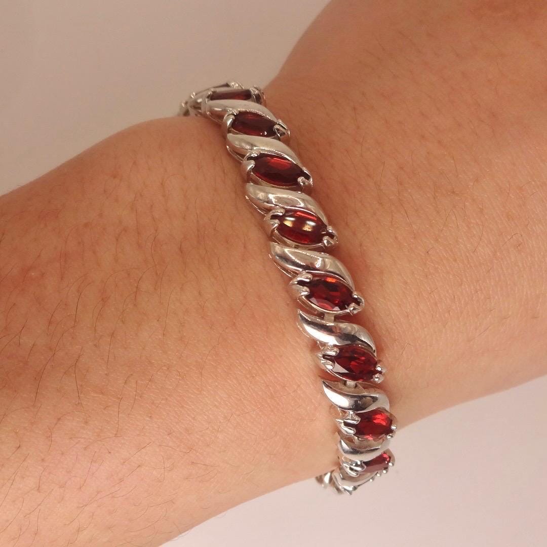 Vintage Red Garnet Bracelet Sterling Silver Deco Tennis