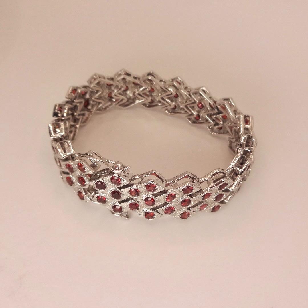 Vintage Bohemian Red Garnet Bracelet 925 Sterling Silver