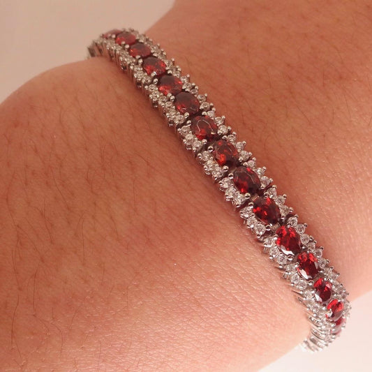 Bohemian Red Garnet Bracelet in 925 Sterling Silver Vintage 7.5 Inch