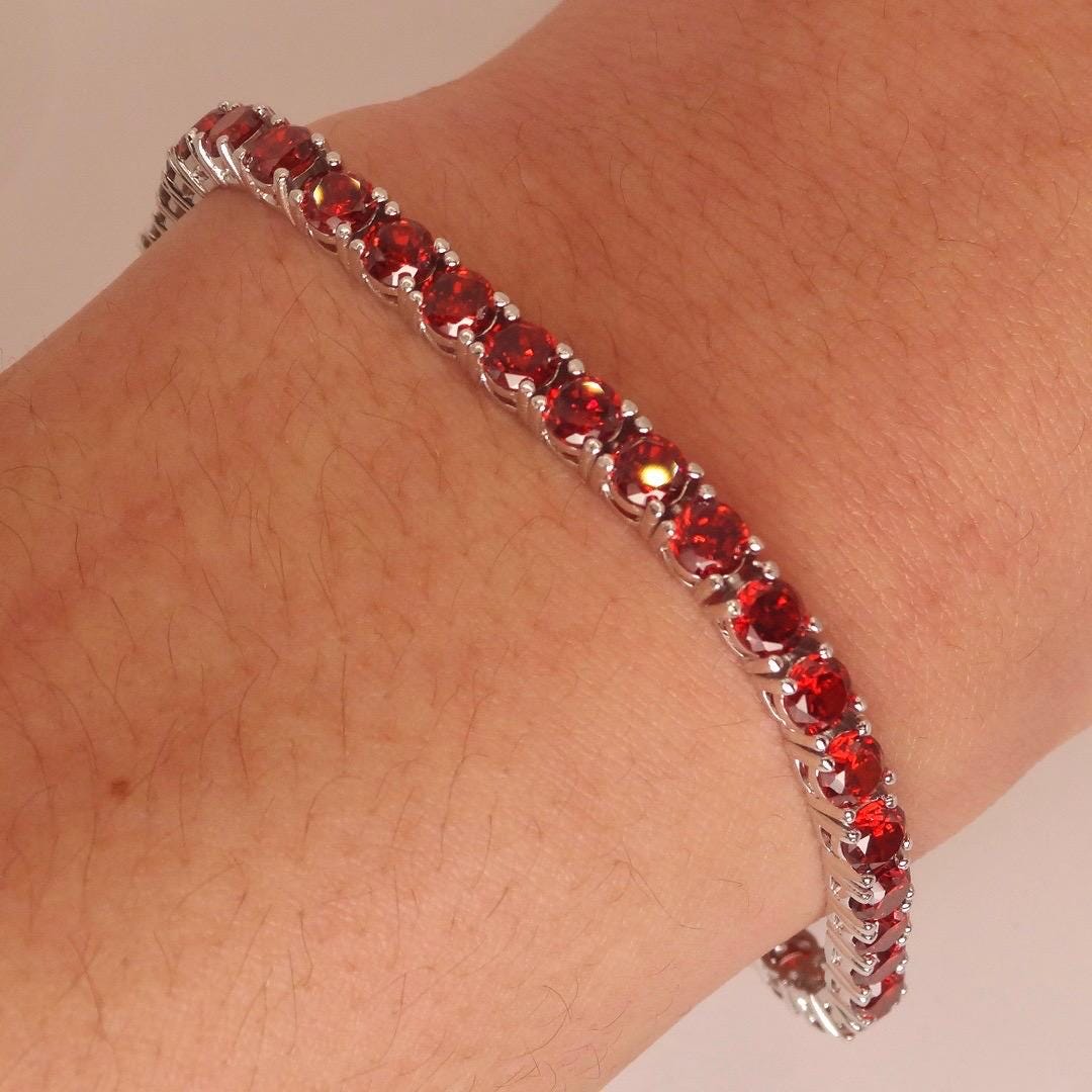 Vintage Red Garnet Tennis Bracelet in 925 Sterling Silver