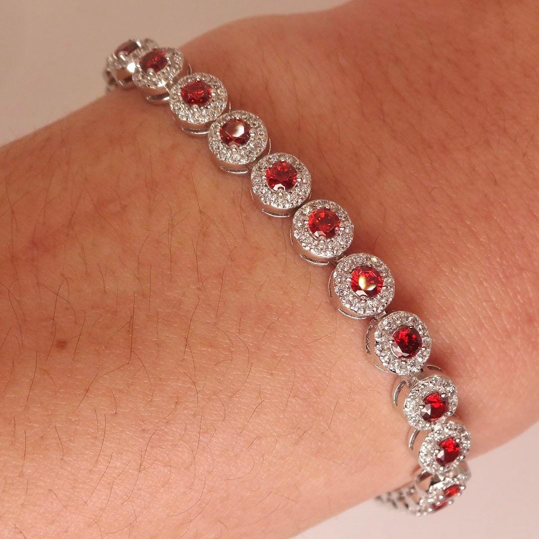 Vintage Red Garnet Bracelet Sterling Silver Deco Tennis