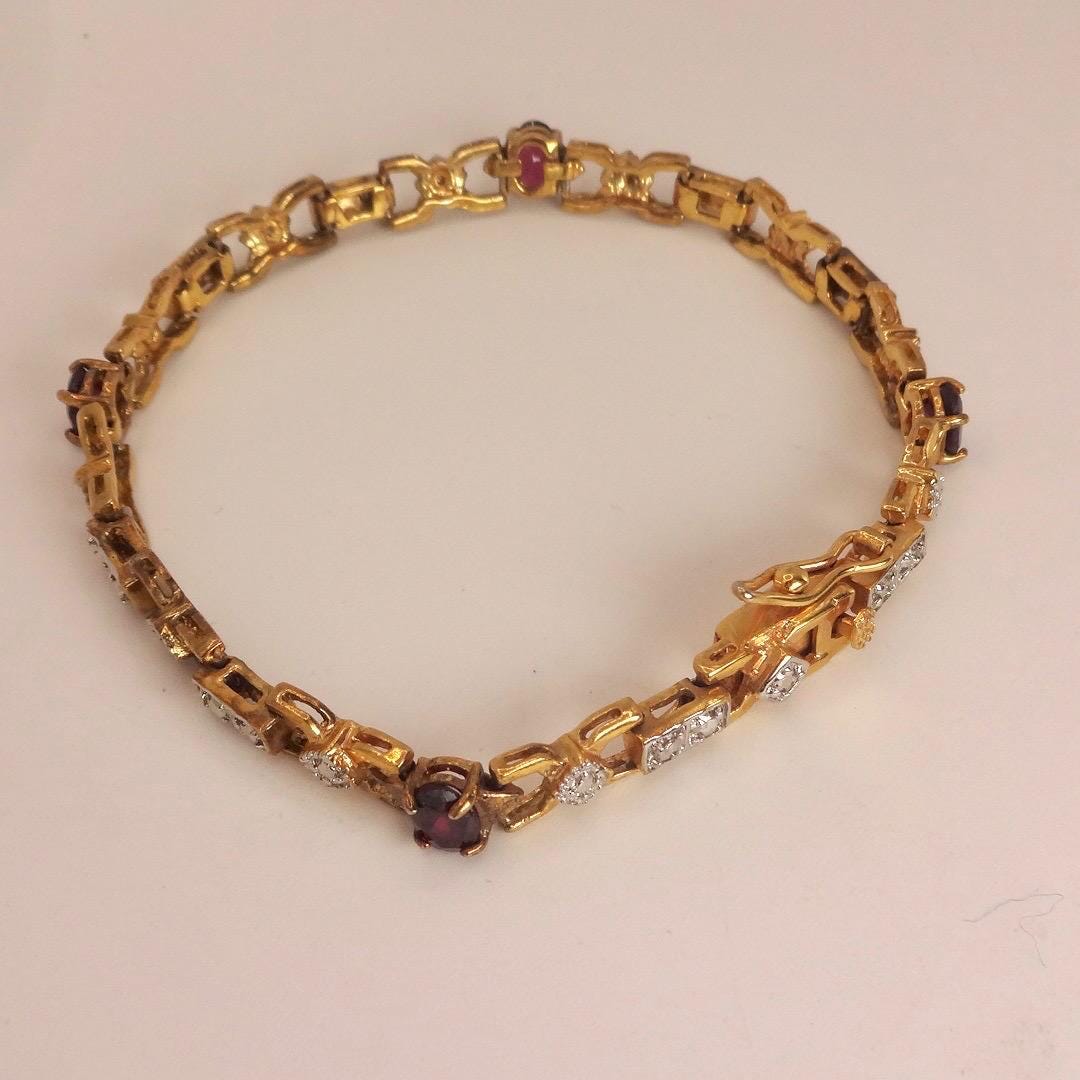 Bohemian Red Garnet Bracelet Gold 925 Sterling Silver Vintage