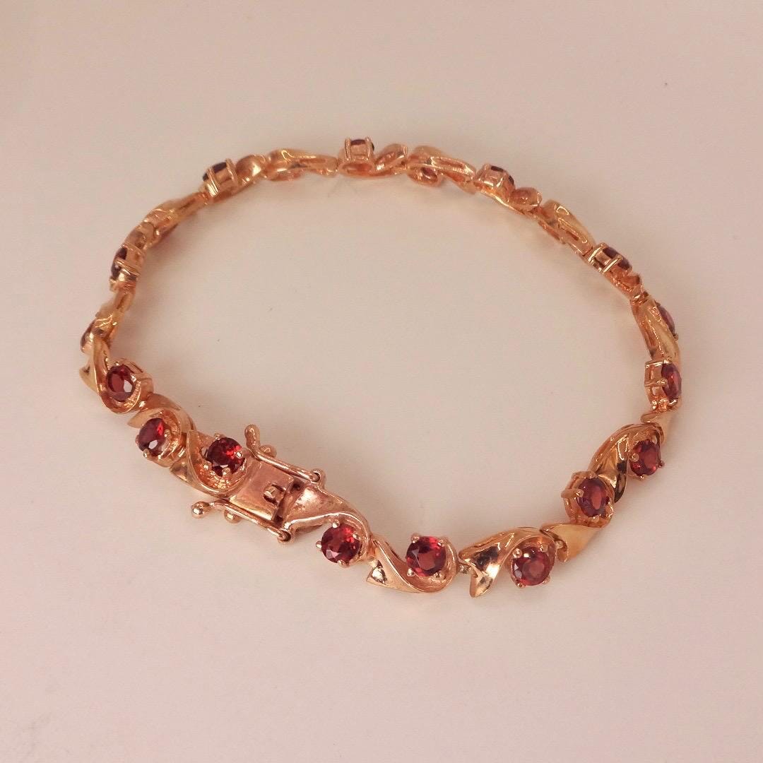 Bohemian Red Garnet Bracelet Rose Gold 925 Sterling Silver Vintage