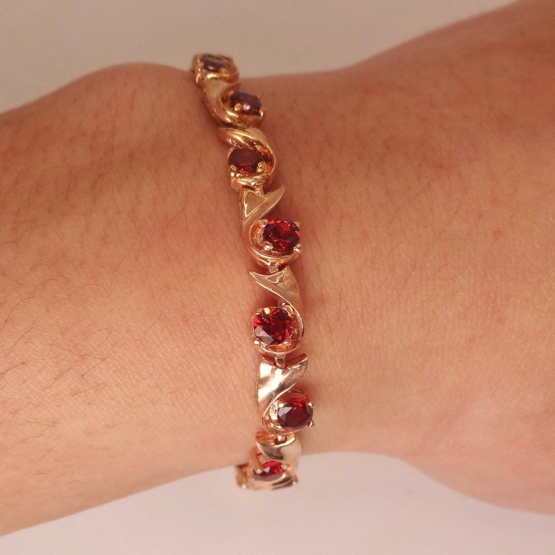 Bohemian Red Garnet Bracelet Rose Gold 925 Sterling Silver Vintage