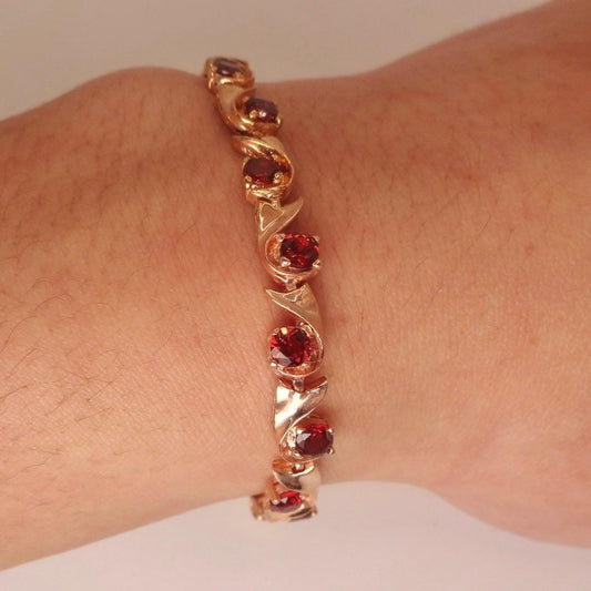 Bohemian Red Garnet Bracelet Rose Gold 925 Sterling Silver Vintage