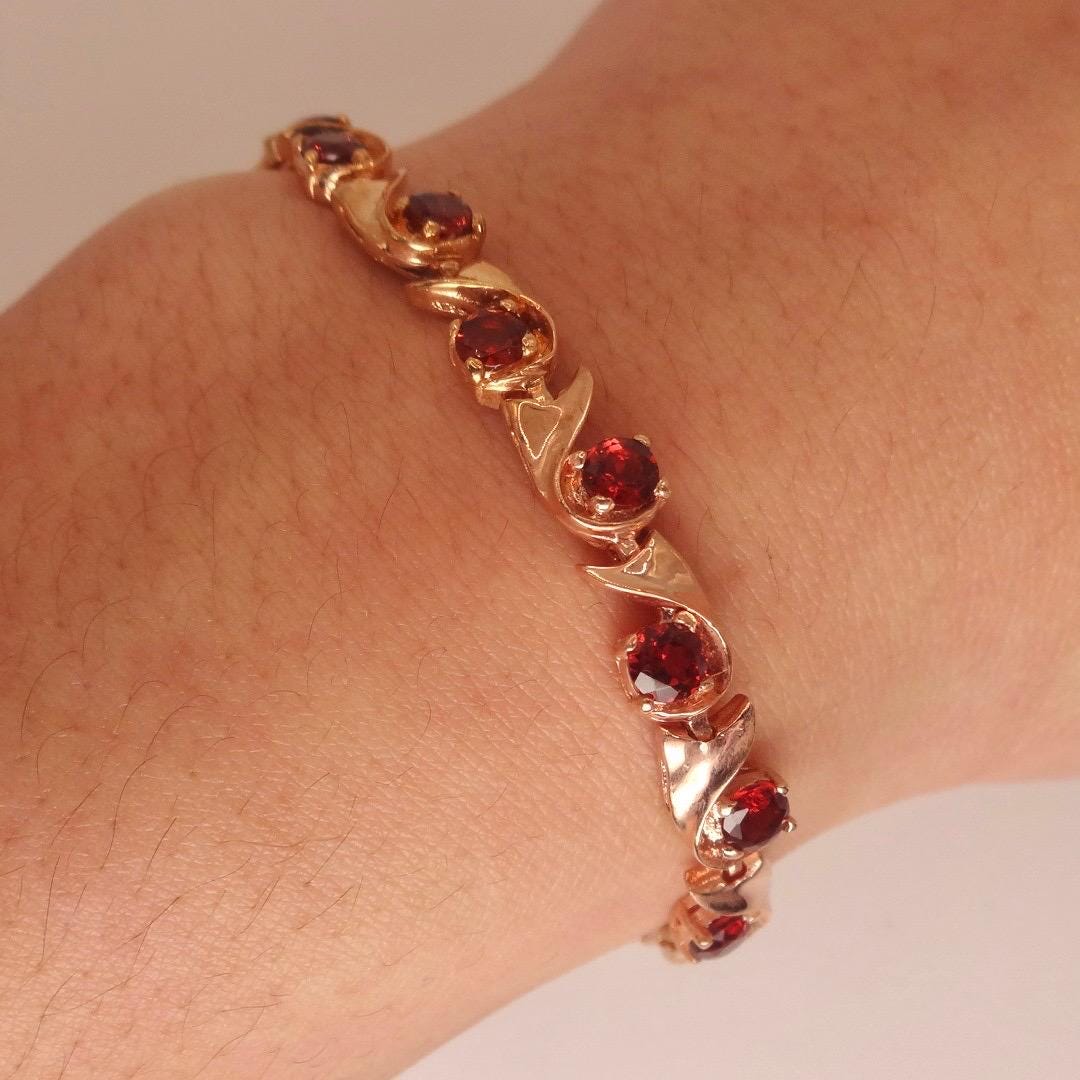 Bohemian Red Garnet Bracelet Rose Gold 925 Sterling Silver Vintage